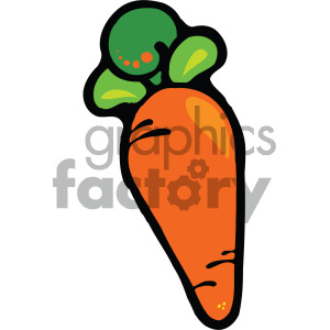 Colorful clipart image of a carrot with green leaves on top.