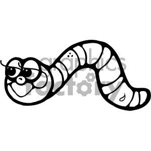 A cute, cartoonish black and white clipart image of a worm with big eyes and a cheerful expression.