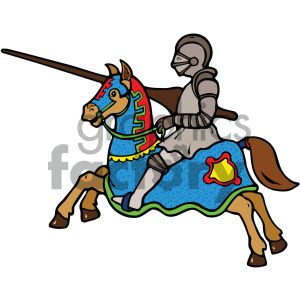 Clipart of a medieval knight in armor jousting on a decorated horse.