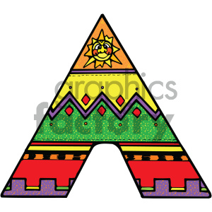 Colorful clipart illustration of a decorative teepee with geometric patterns and a smiling sun.