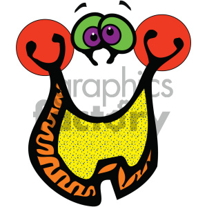 A colorful, whimsical creature with large purple eyes, green eyelids, and a wide, happy smile. It features orange circular hands and a yellow speckled body.