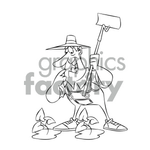 Black and white cartoon farmer happy to see water