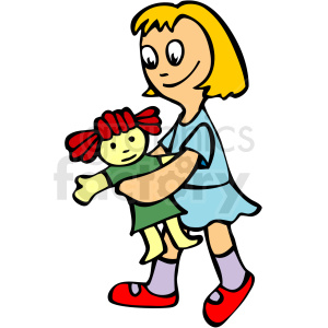 This is a colorful clipart image of a young girl holding a rag doll. The girl has blond hair and is wearing a blue dress with red shoes, while the doll has red tufts of hair and is adorned in a green dress.