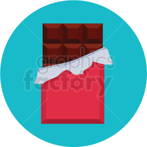 Illustration of a chocolate bar partially unwrapped from a red wrapper, set against a teal circle background.