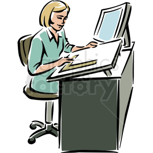 A Woman Sitting at a Desk Using a Ruler on A Large Piece of Paper