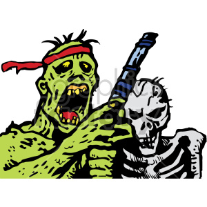 A colorful clipart image featuring a green zombie with a red headband holding a weapon, standing next to a menacing skeleton.