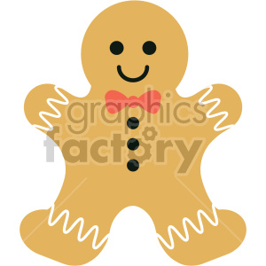 Clipart image of a smiling gingerbread man cookie with a red bow tie and icing details.