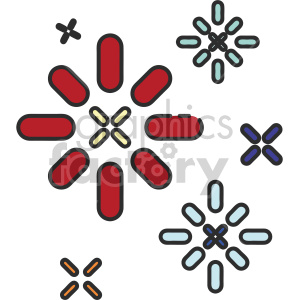 Colorful clipart illustration of fireworks with red, light blue, and orange starburst patterns.