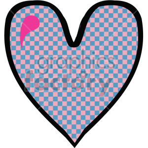 A checkered heart graphic with a pink and blue pattern, outlined in black with a pink decorative element.