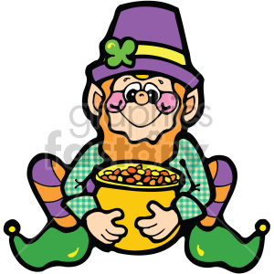 A cheerful leprechaun with a purple hat and green clothing holding a pot of gold, symbolizing St. Patrick's Day.