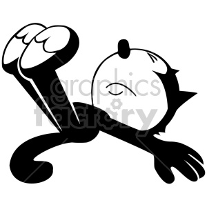 This clipart image features a black and white cartoon cat lying on its back with its eyes closed. The cat has its legs raised and arms sprawled out, giving the appearance of being relaxed or possibly sleeping.