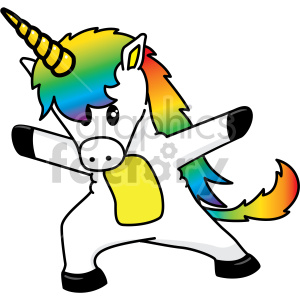 The image is a cartoon clipart of a dabbing unicorn. The unicorn has a rainbow-colored mane and tail, along with a yellow horn. It is in a dab pose, which is a popular dance move.