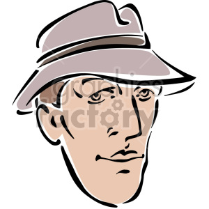 Illustration of a man's face wearing a fedora hat.