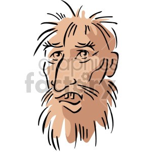 A cartoon-style illustration of a scruffy man's face with a beard, messy hair, and a rugged appearance.