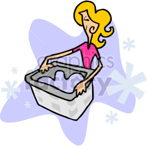 A cartoon woman holding a laundry basket filled with clothes.