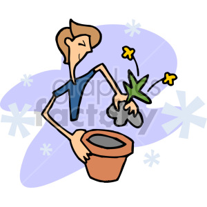 Clipart of a person planting flowers in a pot, featuring a simple and colorful design with floral elements.