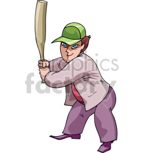 A cartoon-style illustration of a male baseball player ready to swing a bat, wearing a green cap and casual attire.