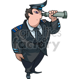 A cartoon illustration of a naval officer in uniform looking through a telescope.