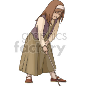   A girl in a dress drawing on the ground with a stick 