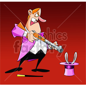 A cartoon magician in a purple tuxedo is pointing a gun at a magician's hat, where a rabbit's ears are sticking out. The scene has a humorous and exaggerated expression with a red background.