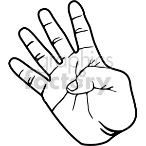 Illustration of a hand showing the number four in American Sign Language (ASL), with four fingers extended and the thumb closed.