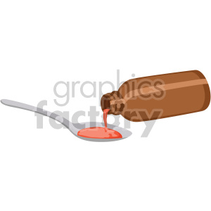 Clipart image of a brown medicine bottle pouring liquid medication onto a spoon.