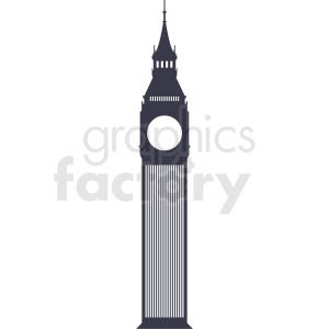 This clipart image features a simplified, stylized silhouette of the iconic Big Ben clock tower. The image is portrayed in a monochromatic, dark color scheme and lacks intricate details, focusing on the overall shape and structure of the tower.