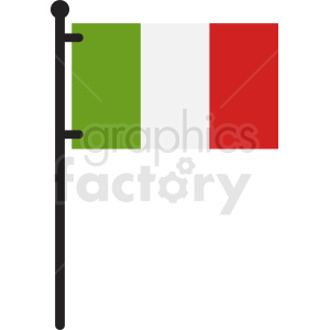 The image depicts the flag of Italy in a clipart style. The flag is characterized by three vertical bands of equal width, with green on the hoist side, white in the middle, and red on the fly side. It is mounted on a flagpole, which is black with stylized flagpole finials.