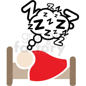 Clipart image of a person sleeping in bed with a red blanket and dream bubble with 'Z' letters symbolizing sleep.