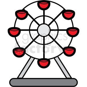 A Ferris wheel clipart image with red gondolas and a simple black and grey structure.