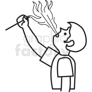 Clipart image of a person breathing fire. The line art illustration shows the person blowing flames from their mouth while holding a rod with fire.