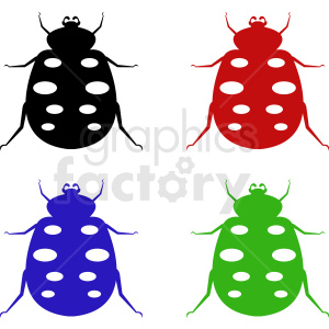 Colorful clipart image of four beetles in black, red, blue, and green silhouettes.