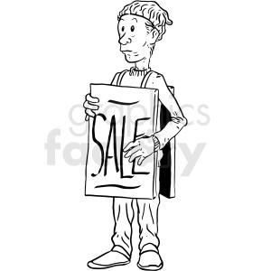 In the image, there is a man holding a sign that reads SALE. He appears to be promoting or advertising a sale, possibly for a store or event. The man is depicted in a simplistic, hand-drawn style typical of clipart, with outlines and shading that suggest a black-and-white line drawing. He wears a long-sleeve shirt, pants, shoes, and what seems to be a beanie hat on his head.