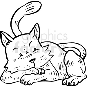 The image is a black and white line drawing of a cartoonish cat character. The cat is lying down, resting its head on its front paws with its eyes closed as if it's cozy or asleep. There is no visible tattoo on this cat character in the image provided.