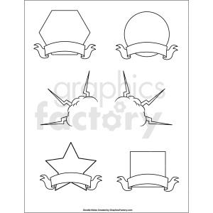 A collection of six black and white clipart frames with different shapes including hexagon, circle, star, cloud, and square. Each frame has a ribbon banner below for text.
