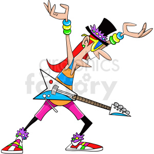 A colorful cartoon character playing an electric guitar, wearing a top hat, striped shirt, and colorful accessories, embodying a lively festival or rave vibe.