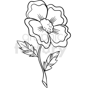 A black and white clipart illustration of a single flower with large petals and two leaves, resembling a daffodil.