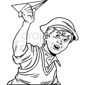 The clipart image shows a black and white illustration of a young boy playing with a paper plane. The illustration has a retro style, reminiscent of the 1920s, 1930s, and 1950s.
