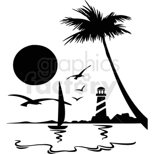 Island Silhouette with Lighthouse and Palm