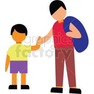 A colorful clipart image depicting a family scene with an adult and a child. The adult is holding a bag and the child is holding the adult's hand.