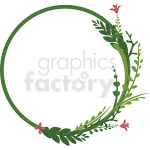 A circular frame decorated with green leaves and small red flowers in a clipart style.