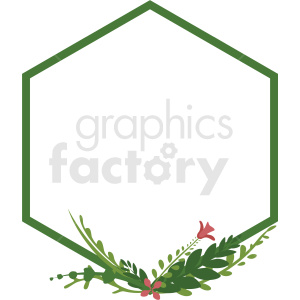Hexagonal green border clipart with decorative green leaves and a small pink flower at the bottom.