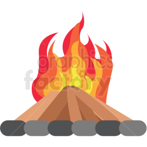 A clipart image of a campfire with logs arranged in a teepee shape and flames in red, orange, and yellow colors.