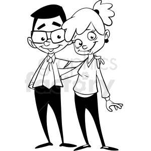 A black and white clipart illustration of a smiling couple. The man is wearing glasses, a shirt, and a tie. The woman has a ponytail and is wearing a blouse and pants. They are standing closely and the man's arm is around the woman's shoulders.