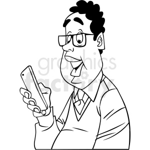 Cartoon illustration of a man with glasses looking at his smartphone and smiling.