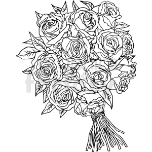 A black and white clipart image depicting a bouquet of roses tied together with string. The intricate details of the roses and leaves are outlined in bold lines.