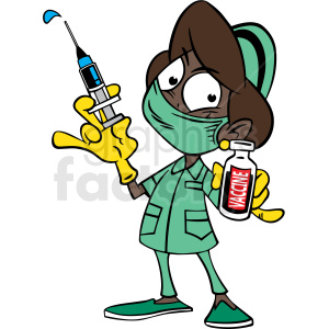 Clipart image of a cartoon healthcare professional holding a syringe and a vaccine vial.