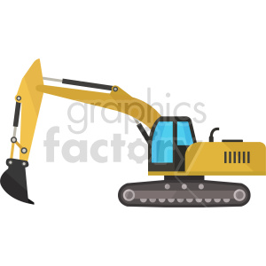 Illustration of a yellow excavator with a blue cabin and black bucket on a white background.