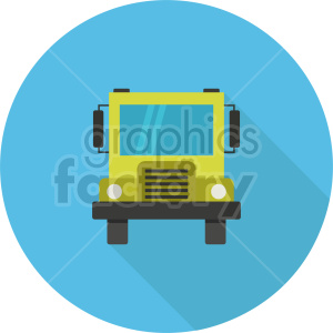 Front view of a school bus in a flat design style with a long shadow, set against a circular blue background.