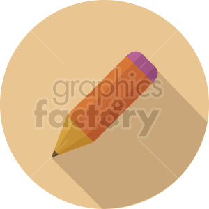 A flat design clipart image of an orange pencil with a purple eraser on a beige circular background.